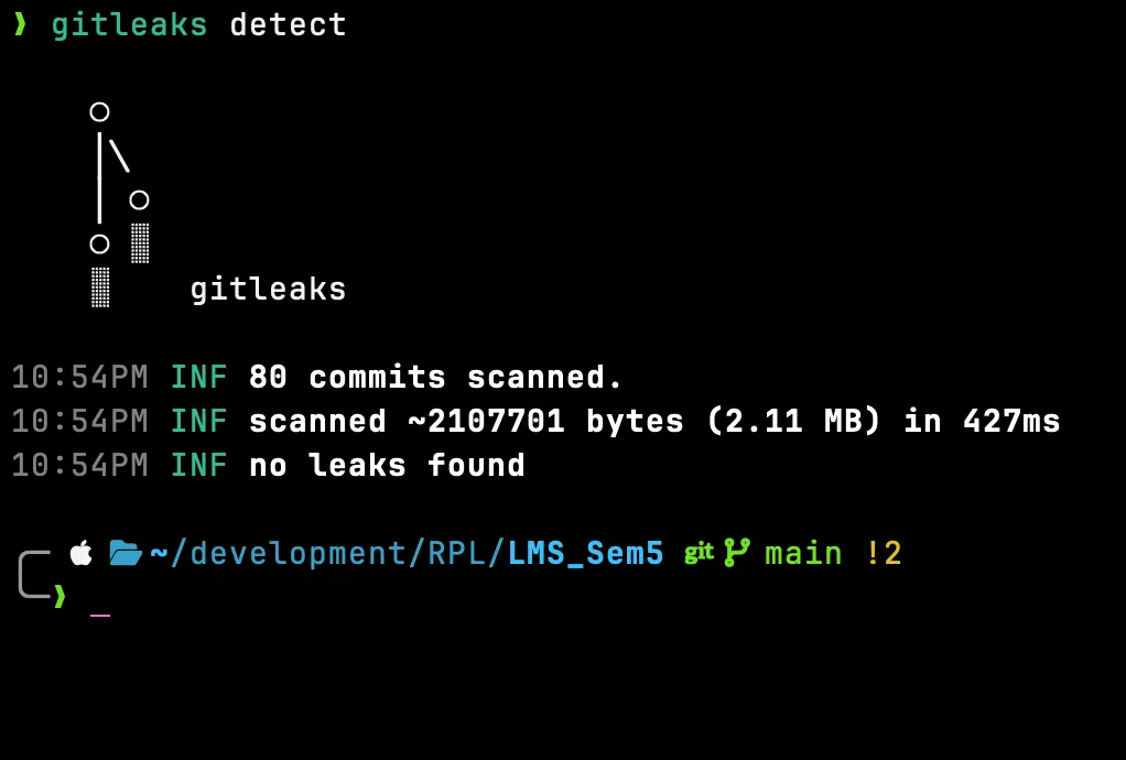 Terminal output of gitleaks detect: 80 commits scanned in 427 ms, no leaks found